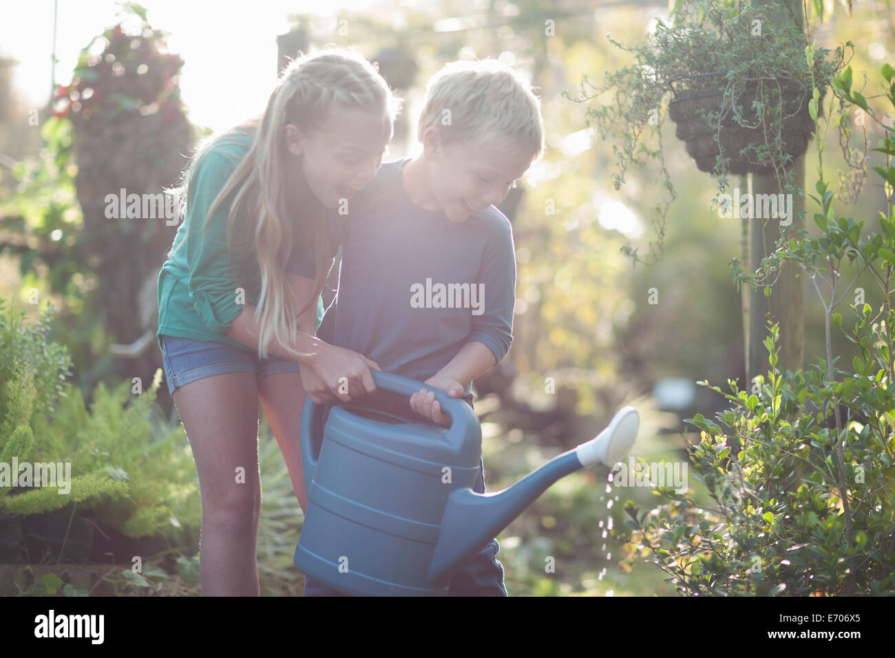 Bruder und Schwester, die Bewässerung von Pflanzen auf Zuteilung Stockfoto