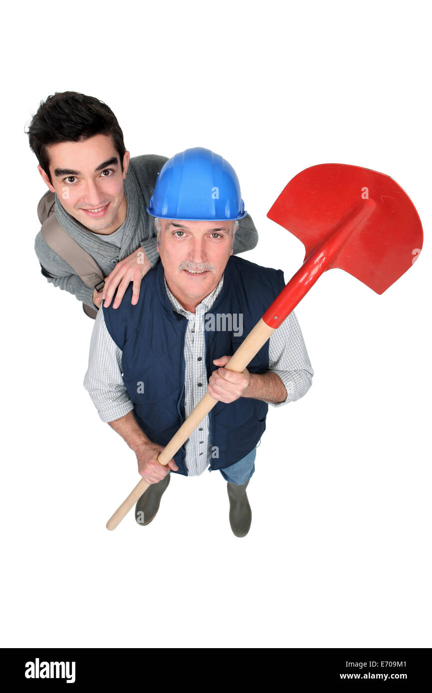 Bauarbeiter Stand mit neuen starter Stockfoto