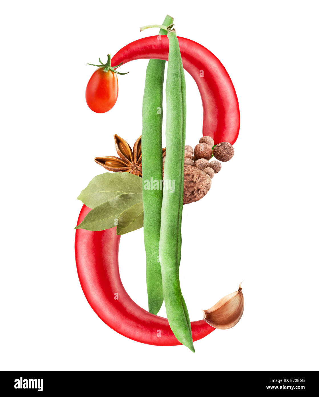 Dollarzeichen gemacht von grünem Gemüse auf weißem Hintergrund Stockfoto
