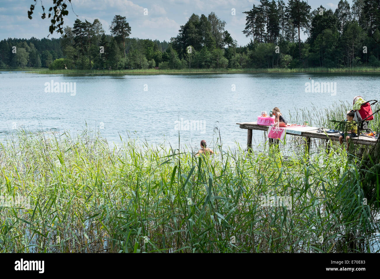 Familie genießen ein erfrischendes Bad, Zelwa See Giby, Polen Stockfoto