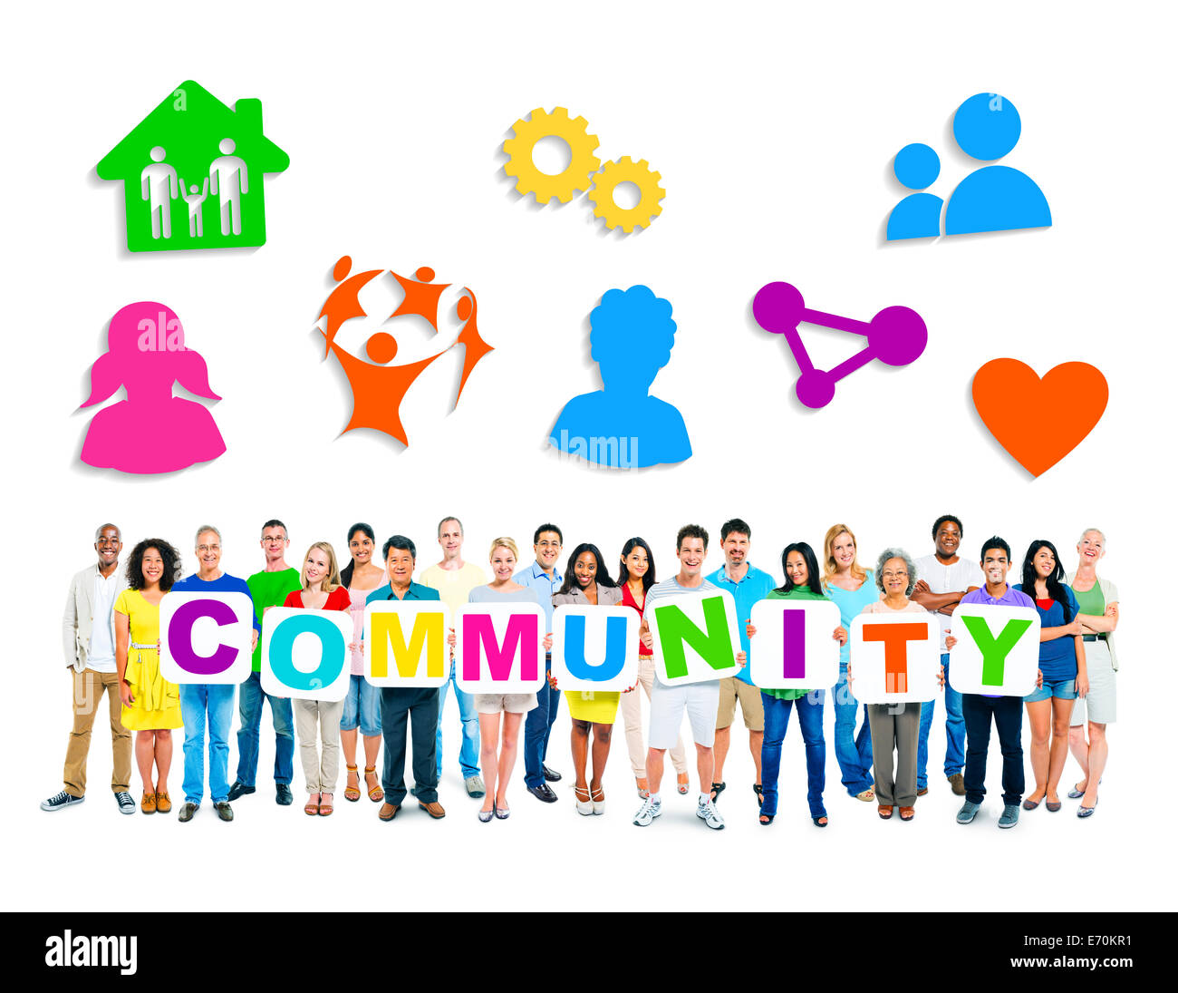 Multi-ethnischen Gruppe von Menschen halten 9 Plakate Gemeinschaft bilden und damit verbundene Symbole oben. Stockfoto