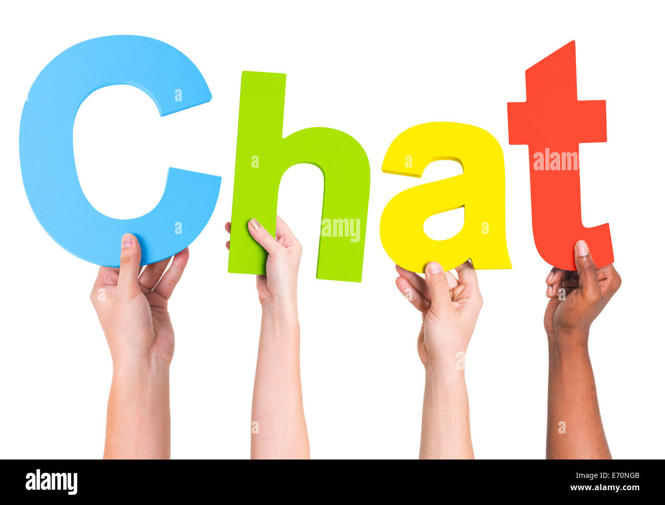 Multiethnische Gruppe von Händen mit Chat Stockfoto