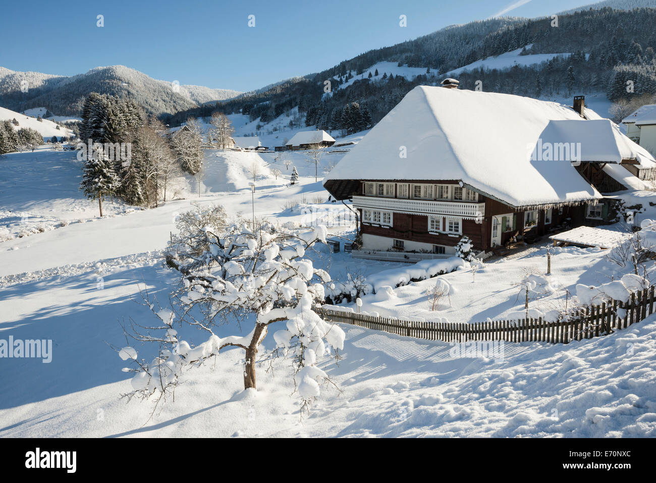 Altes Schwarzwaldhaus und tief verschneiten Landschaft, Präg, Todtnau, Schwarzwald, Baden-Württemberg, Deutschland Stockfoto