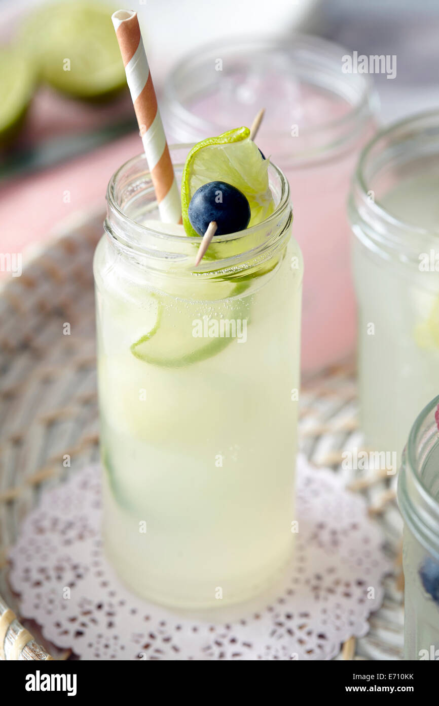 Geeiste frisches Obst Getränke in Gläsern mit Strohhalm trinken Stockfoto