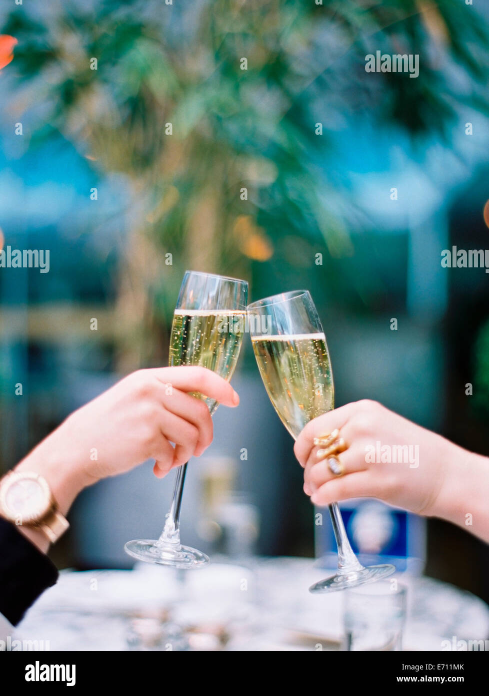 Zwei Frauen einander mit Gläsern Champagner toasten. Stockfoto