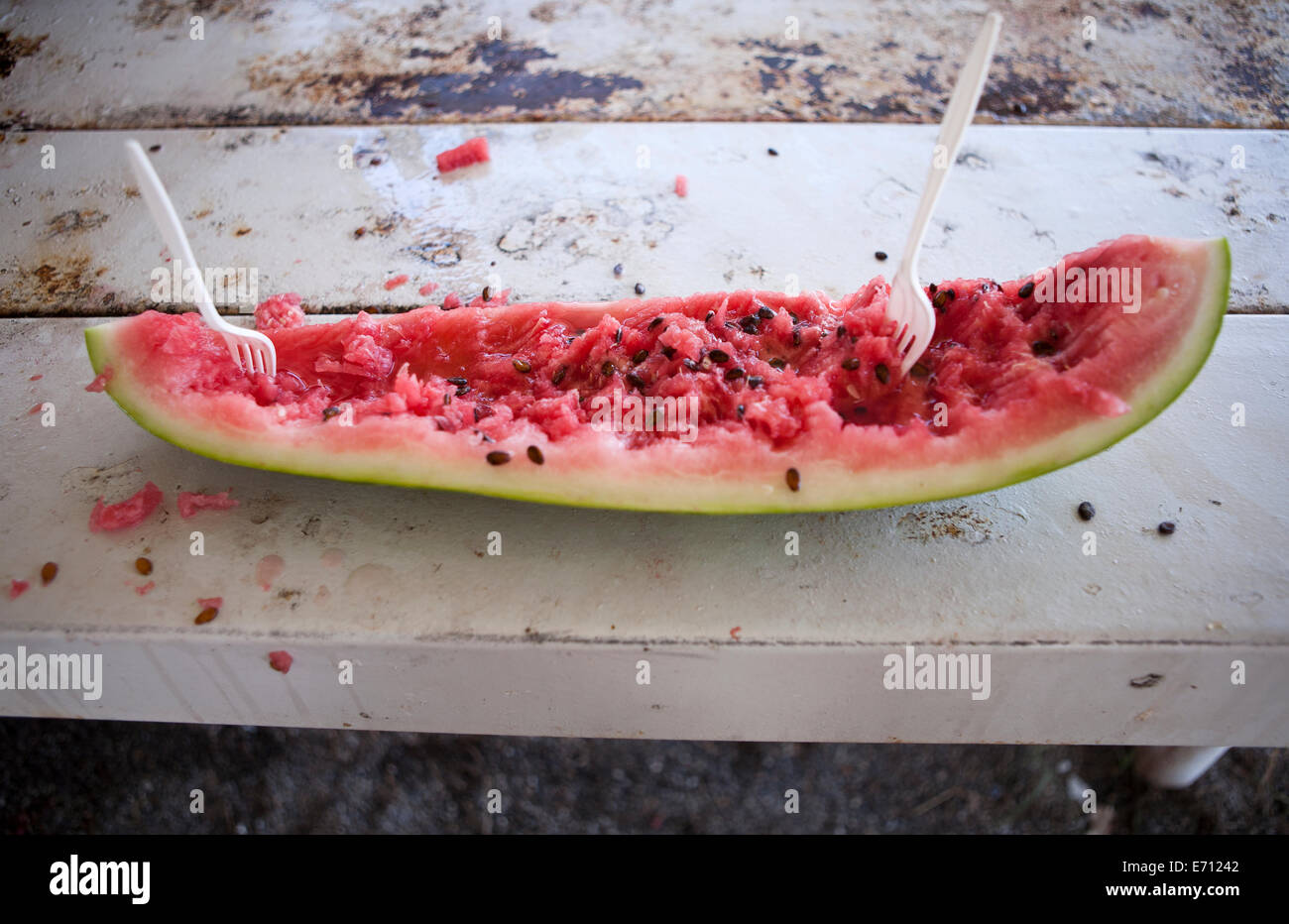 Scheibe Wassermelone, komplett gegessen Stockfoto