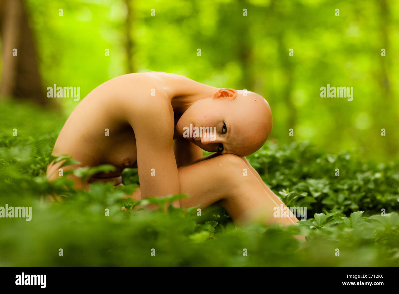 Aktfoto jungen Frau mit Krebs sitzt im Wald Laub Stockfoto