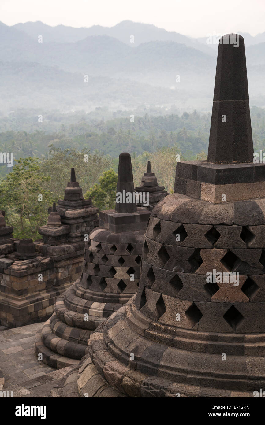 Borobudur, Java, Indonesien. Tempel Stupas im frühen Morgennebel. Stockfoto