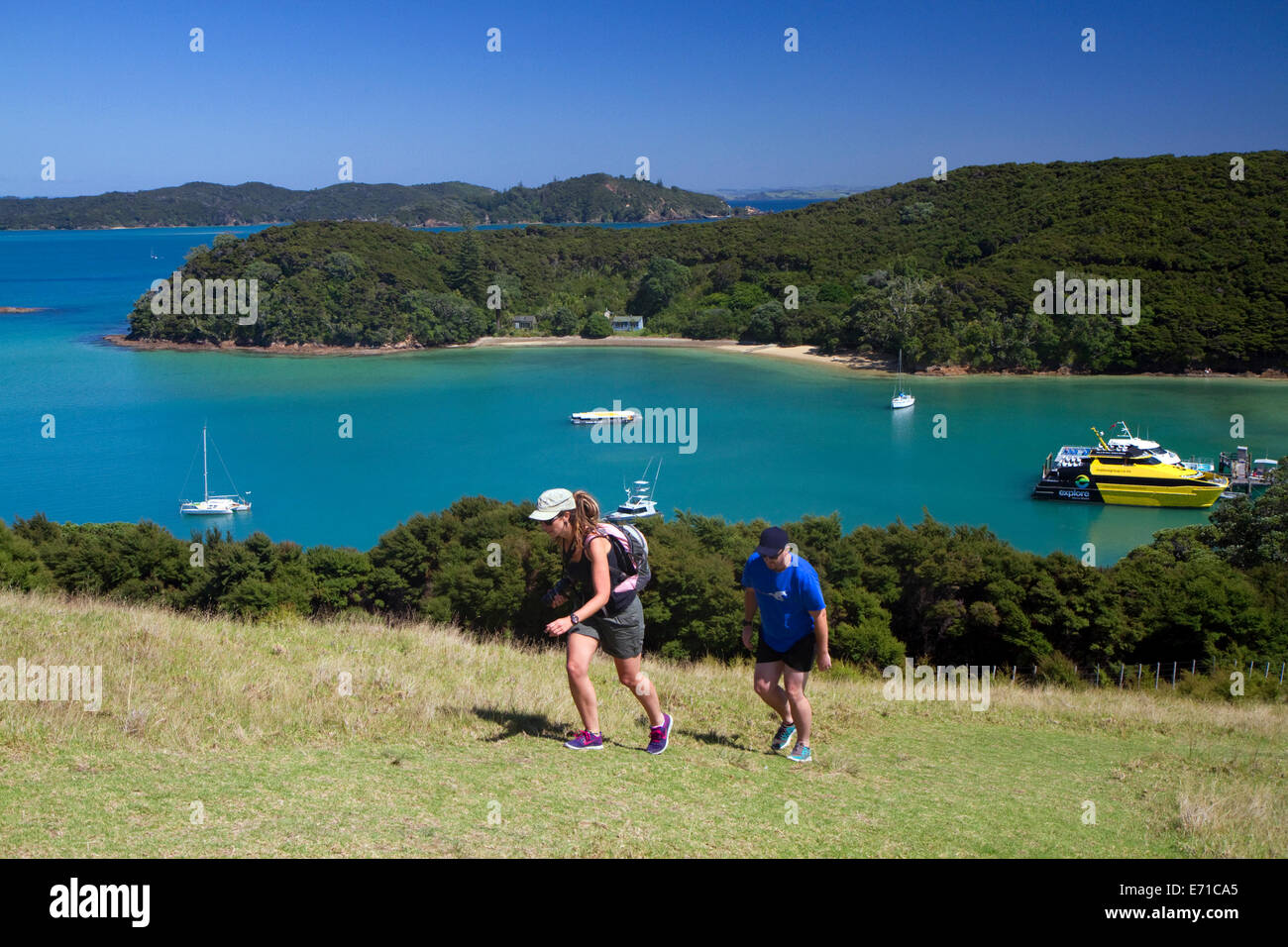 Wanderer und Blick auf die Bay of Islands in der Region Northland, Nordinsel, Neuseeland. Stockfoto