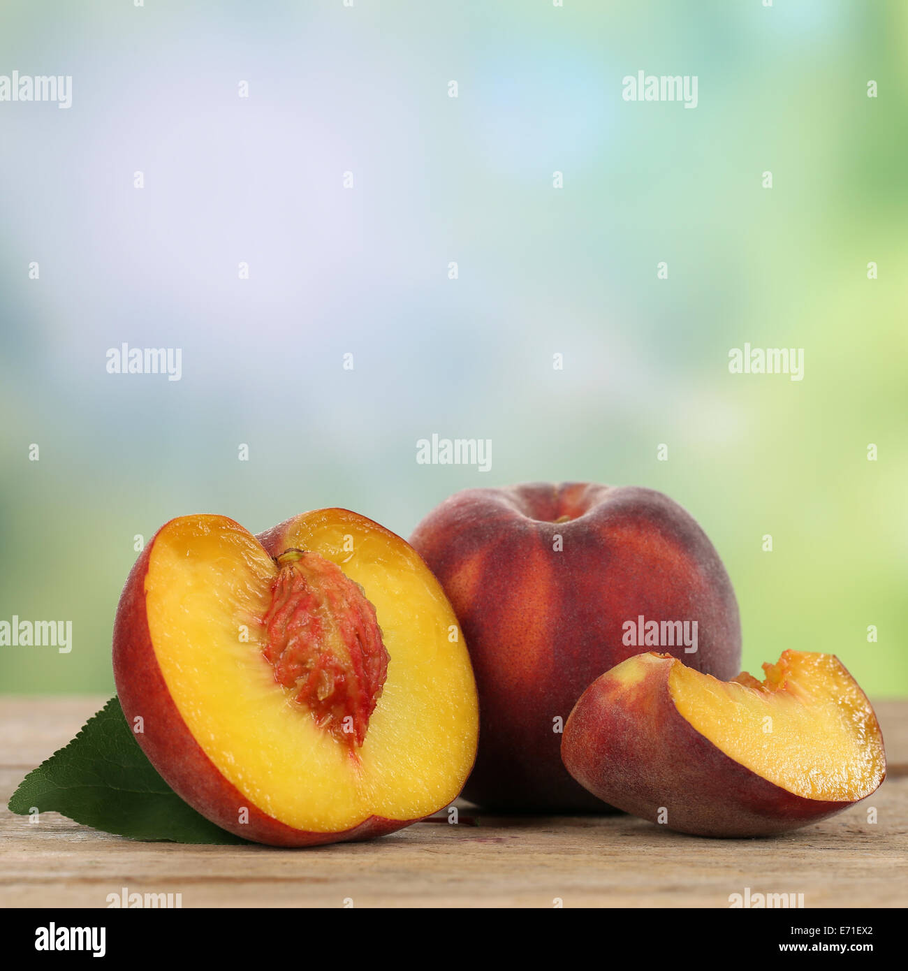 Gesunder Pfirsich Früchte im Sommer mit Exemplar Stockfoto
