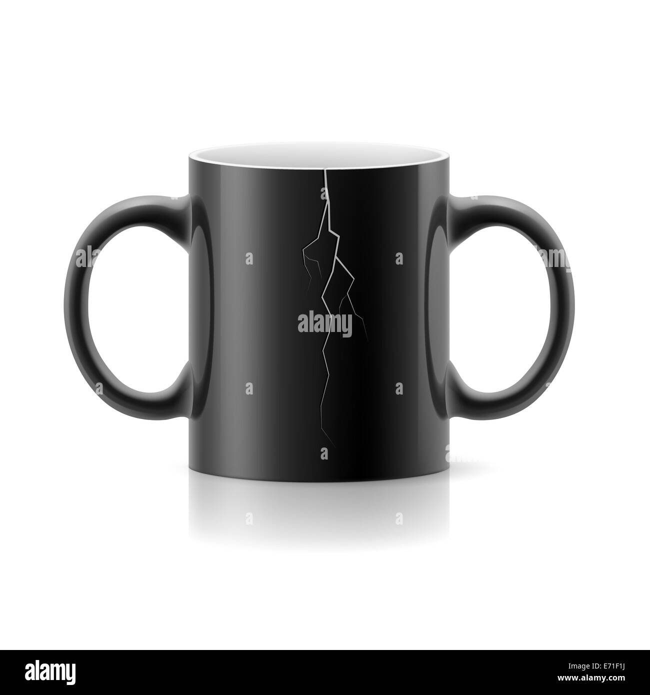 Schwarze Tasse mit zwei Henkeln auf einem weißen Hintergrund geknackt Stockfoto