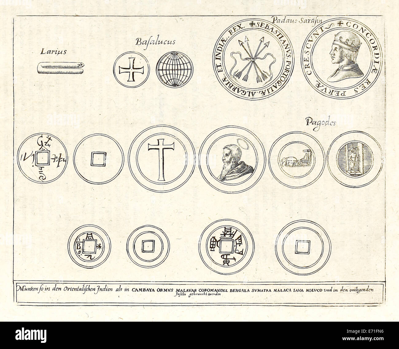 Münzen, Illustration aus "Indiae Orientalis' 1599 von Theodor de Bry. Siehe Beschreibung für weitere Informationen. Stockfoto