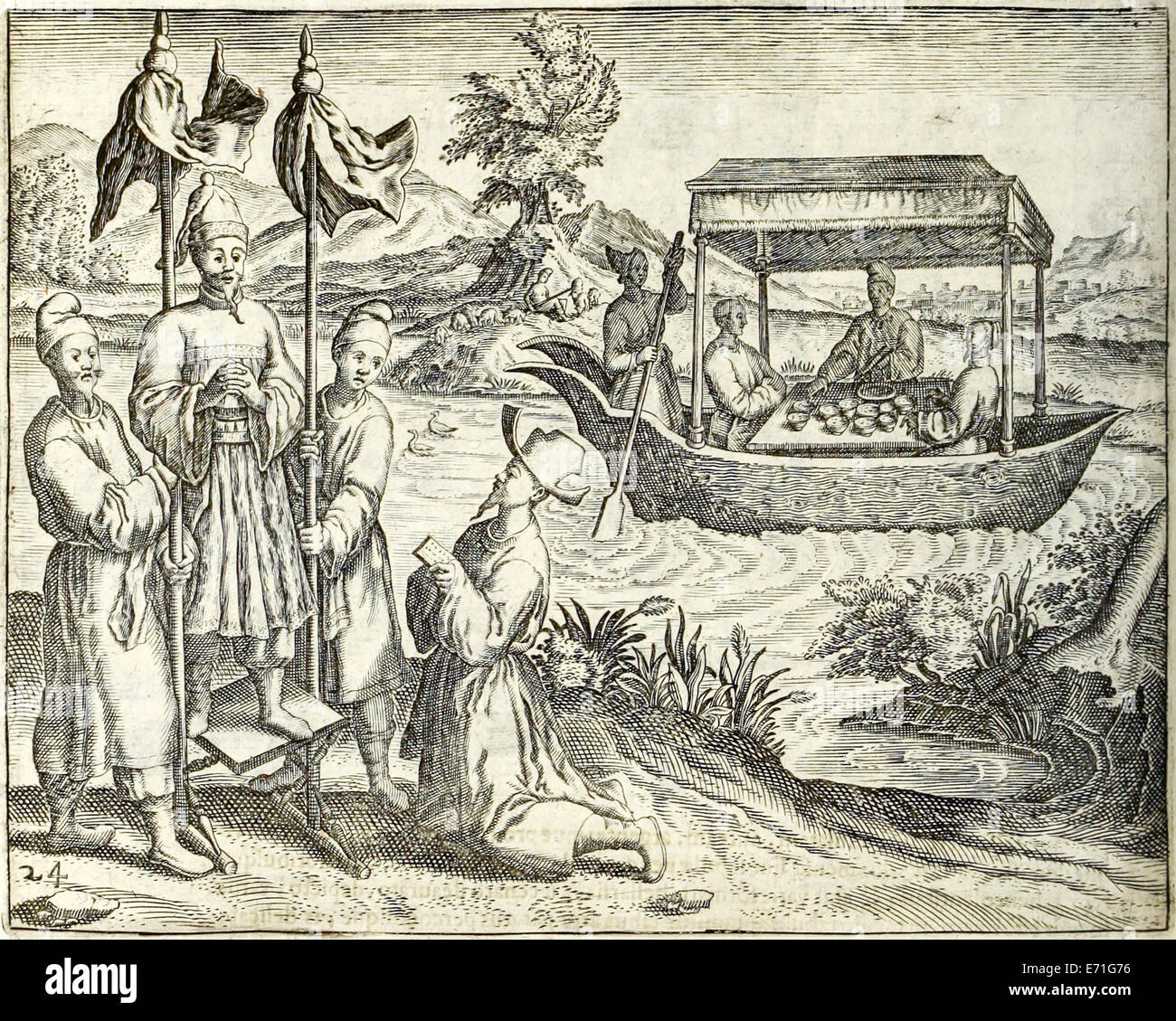 Szene in China, von "Indiae Orientalis' 1599 von Theodor de Bry. Siehe Beschreibung für weitere Informationen. Stockfoto