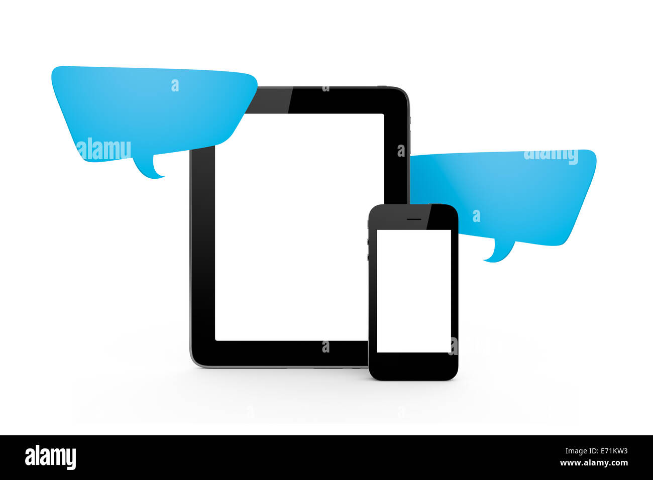 Kommunikations-Technologie-Konzept, blaue Sprechblase mit leeren Bildschirm Smartphone und Tablet, Vorderansicht, Textfreiraum, isoliert Stockfoto