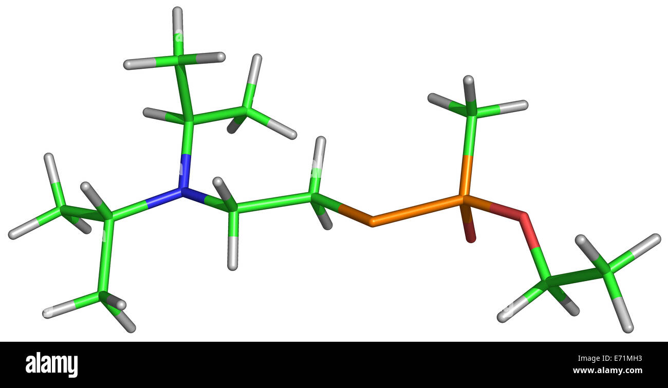 VX, IUPAC name O-Ethyl-S-[2-(Diisopropylamino) Ethyl] Methylphosphonothioate, ist eine extrem giftige Substanz, die keine bekannten u hat Stockfoto