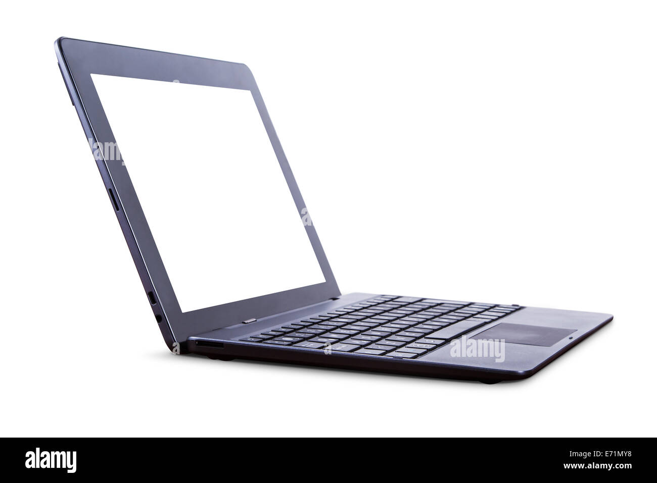 Tablet-Laptop mit leeren Bildschirm, Seitenansicht, isoliert auf weißem Hintergrund. Stockfoto