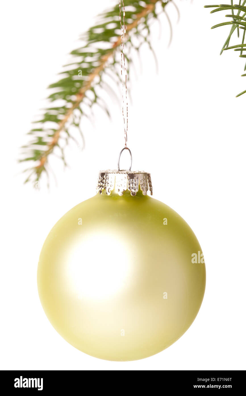 Traditionelle und glänzend Weihnachtskugel hängen an einem Ast eine grüne Tanne mit textfreiraum auf weiß Stockfoto