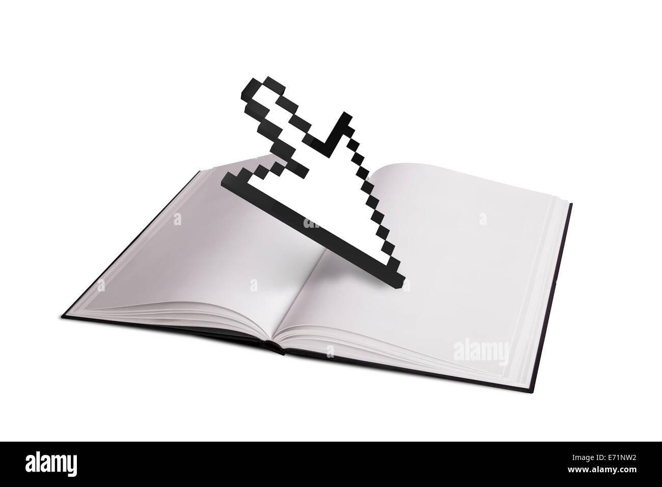 Leere offenes Buch oder einer Zeitschrift mit Pfeilsymbol Cursor der Maus Technologie, isoliert auf weißem Hintergrund. Stockfoto