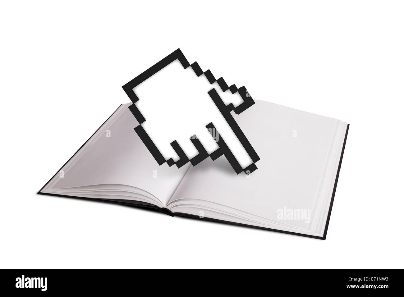 Leere offenes Buch oder einer Zeitschrift mit Handsymbol Cursor der Maus Technologie, isoliert auf weißem Hintergrund. Stockfoto