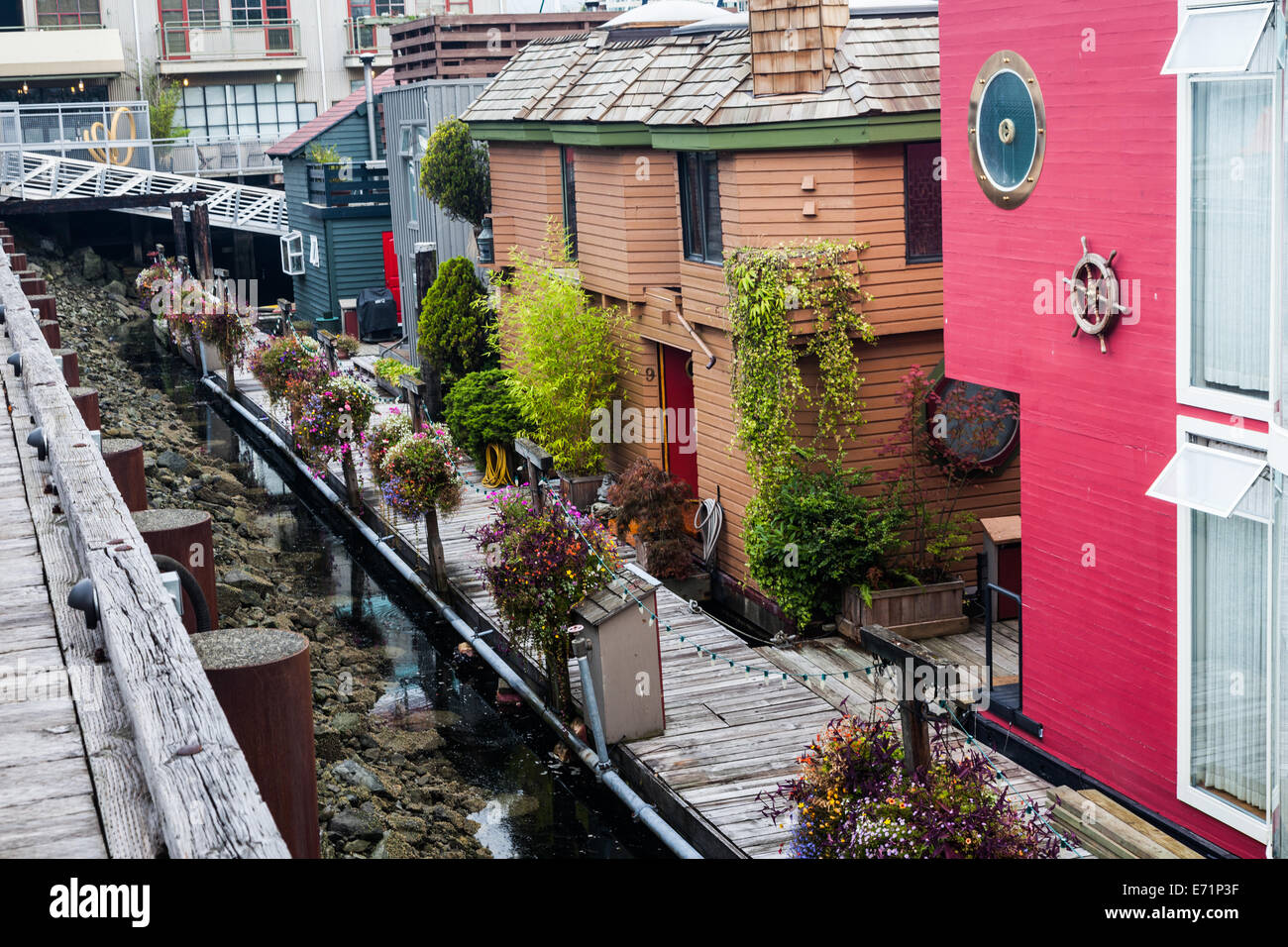 Float Home Community auf Granville Island, Vancouver, Kanada Stockfoto