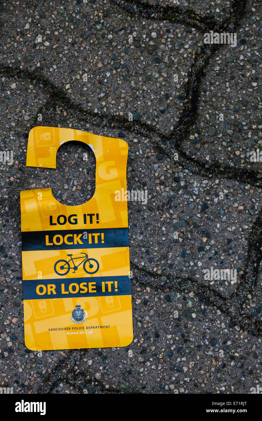 Anmelden Warnung vor Fahrrad Diebstahl und mögliche Vorsichtsmaßnahmen, Vancouver, Kanada Stockfoto