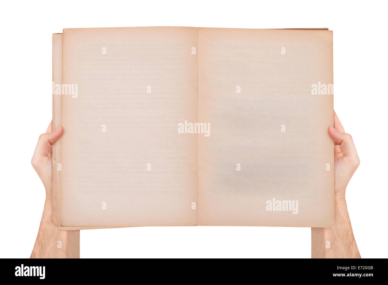 Männliche Hand leer leer offen und alten Stil Buch mit textfreiraum für Ihre Nachricht, Ansicht von oben, isoliert auf weißem Hintergrund hält. Stockfoto