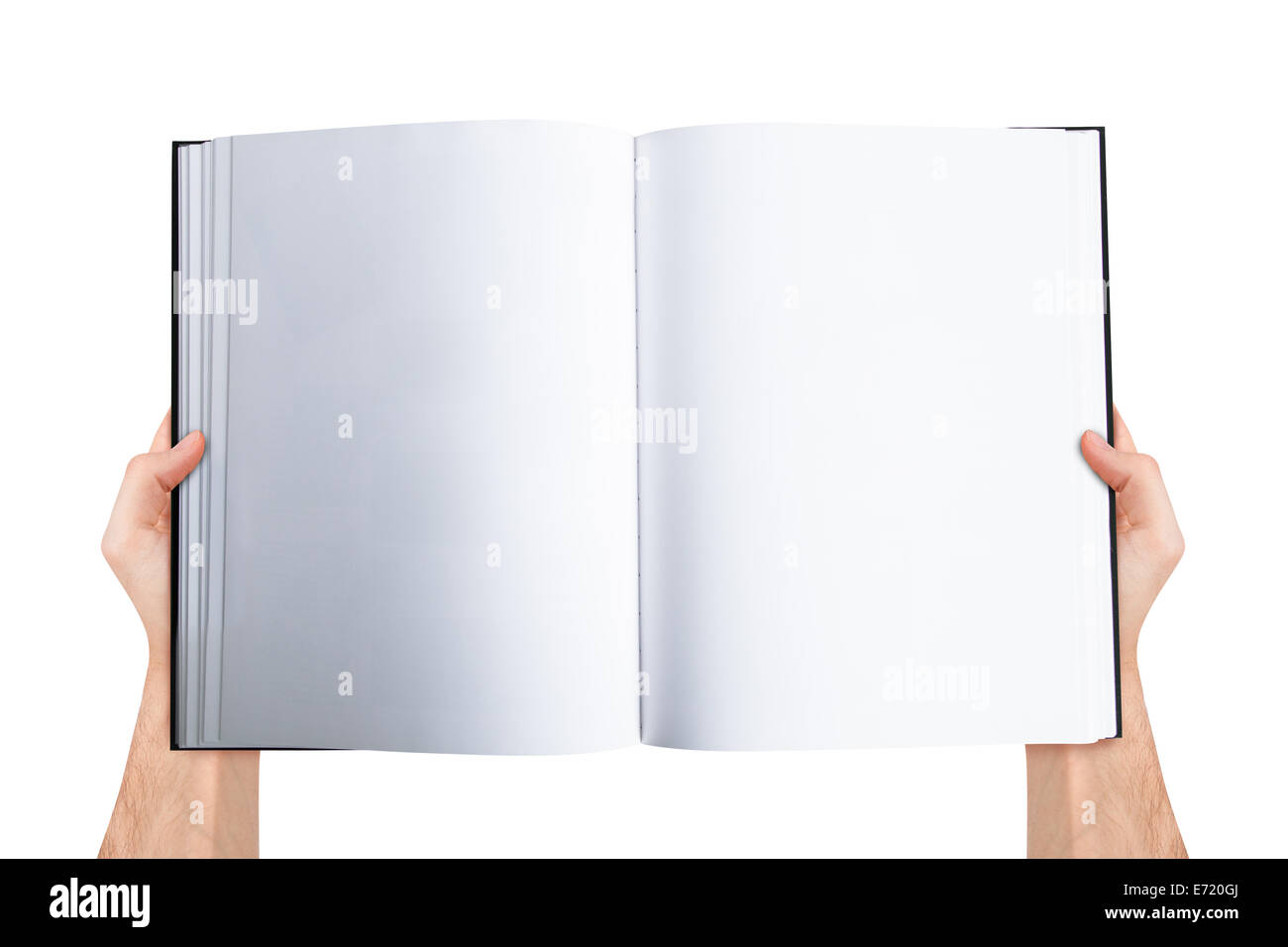 Männliche Hand hält leeres leeres offenes Buch mit textfreiraum für Ihre Nachricht, Ansicht von oben, isoliert auf weißem Hintergrund. Stockfoto