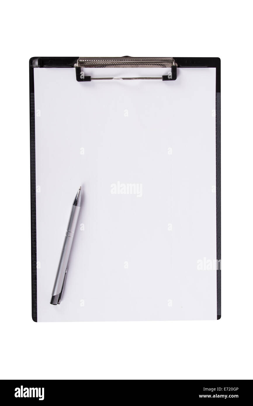 Draufsicht der Pinnwand mit Stift, isoliert auf weißem Hintergrund. Stockfoto