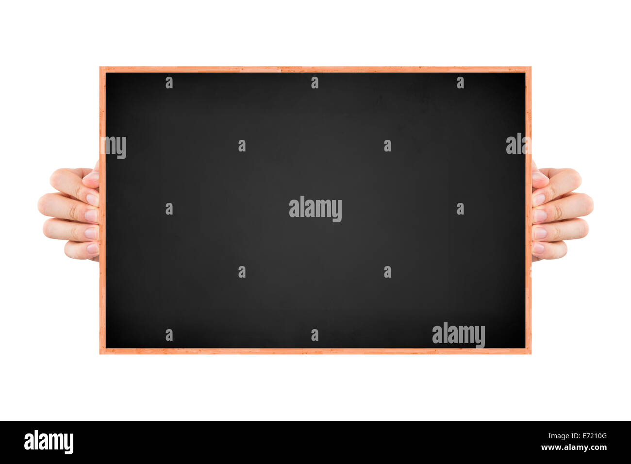 Hand, die leere Tafel mit Textfreiraum, isoliert auf weißem Hintergrund. Stockfoto