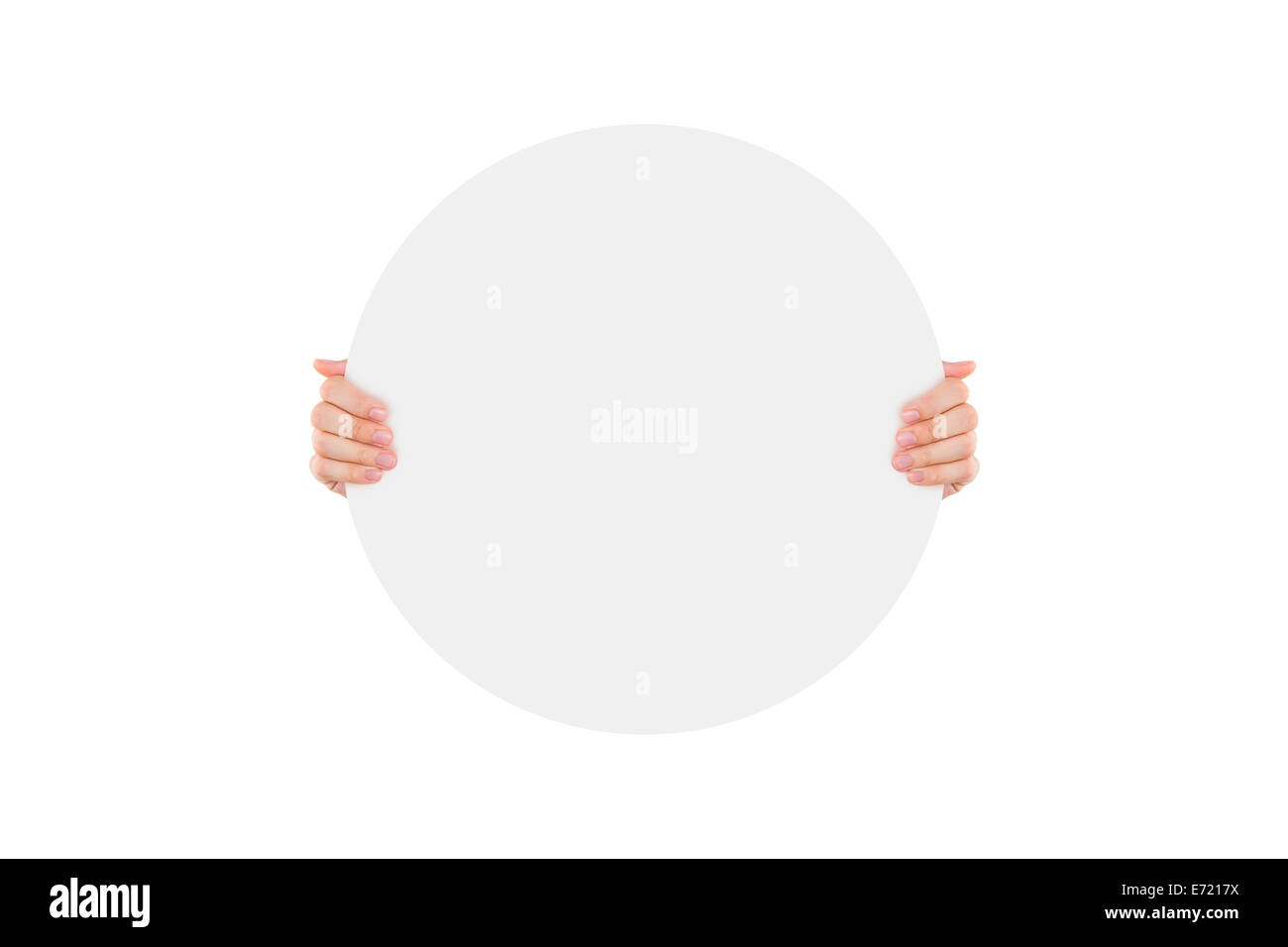 Hand, die weißen, leeren Kreis Plaque oder Poster, isoliert auf weißem Hintergrund. Stockfoto