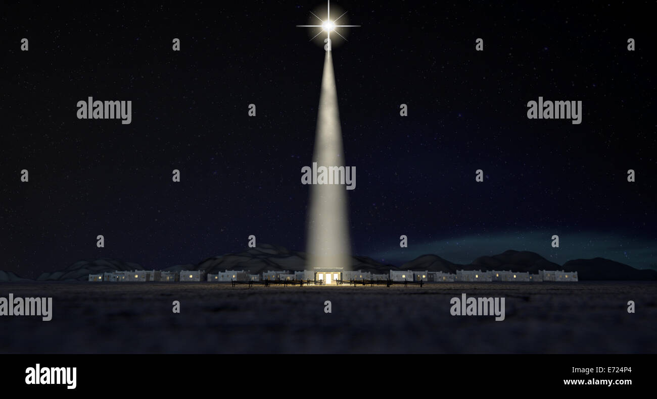 Eine Krippe von Christs Geburt in Bethlehem mit der isolierten heruntergekommen Stall angezündet von einem hellen Stern auf einem dunkelblauen Himmel b Stockfoto