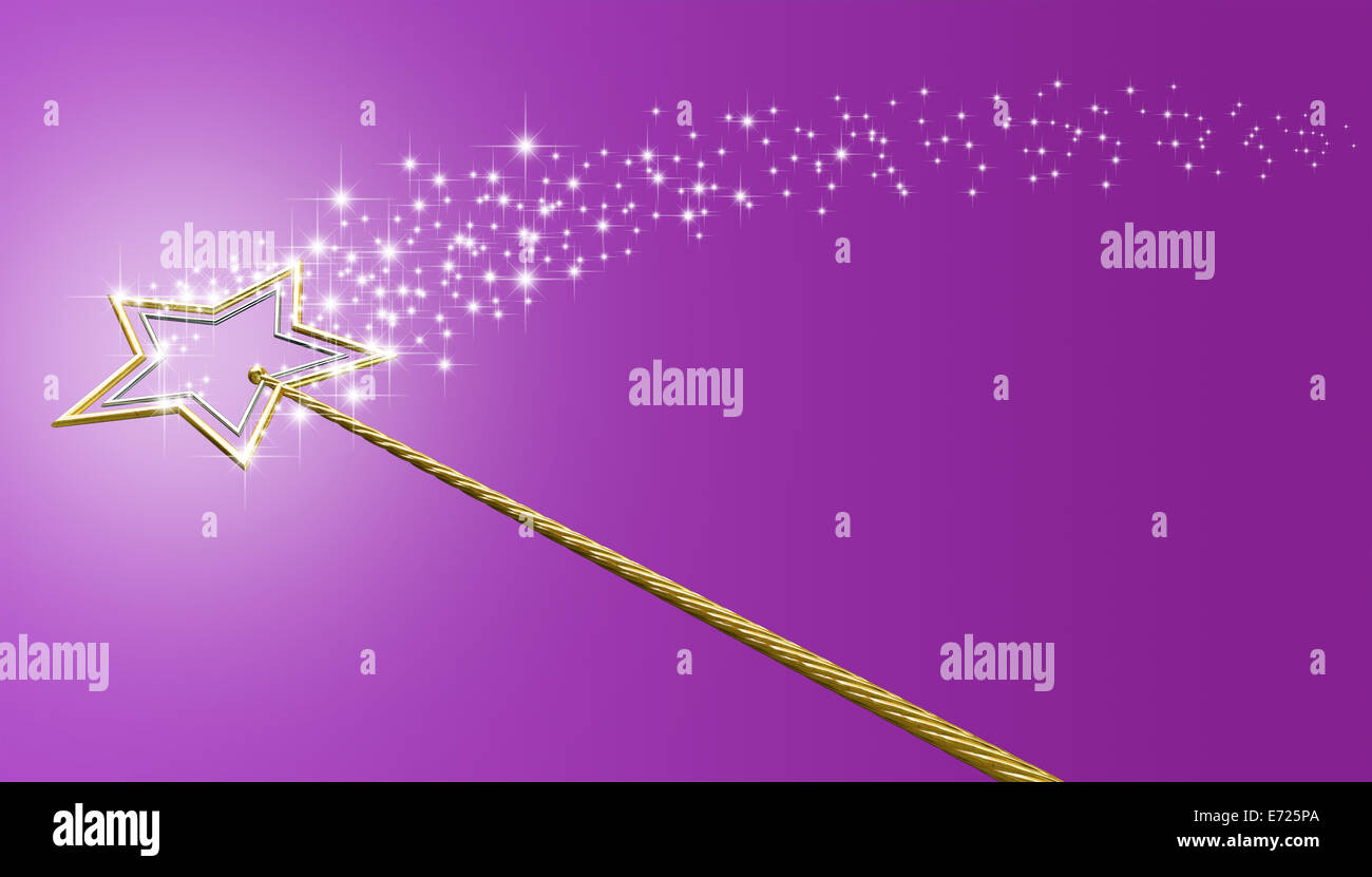 Ein Konzept zeigt einen mythischen Zauberstab mit goldenen und silbernen Sternen hinterließ eine Spur der magischen Funken auf Isolat gemacht Stockfoto