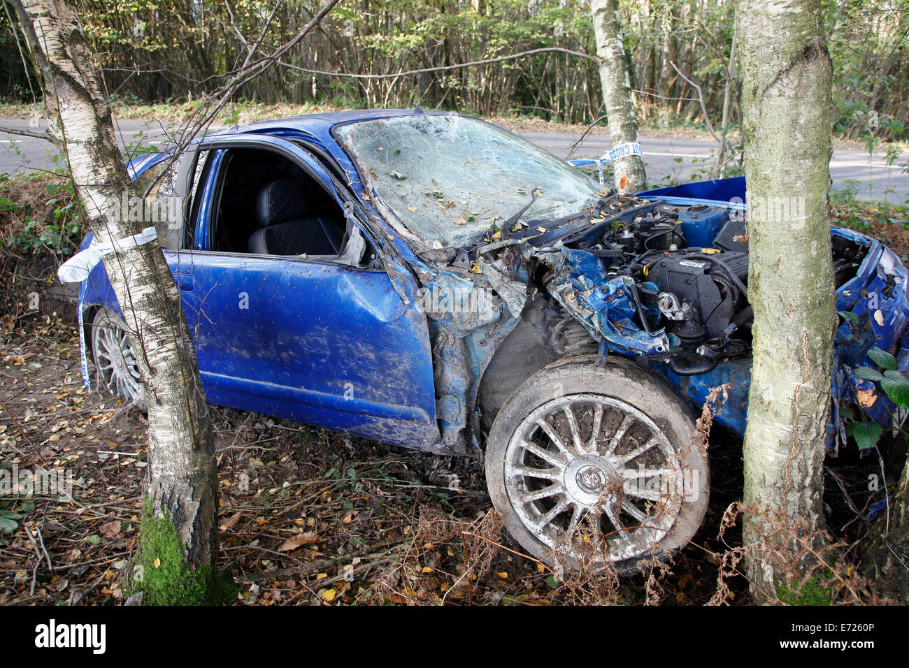 Verkehr, Straße, Autos, Unfall Rover Auto prallte gegen Baum. Stockfoto