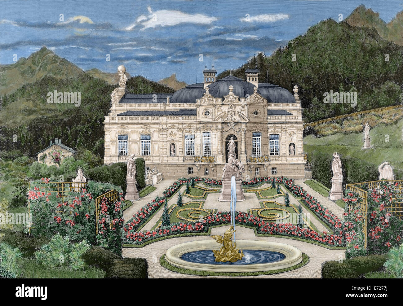 Ludwig II von Bayern (1845-1886). König von Bayern. Schloss Linderhof. Gravur. Farbige. Stockfoto