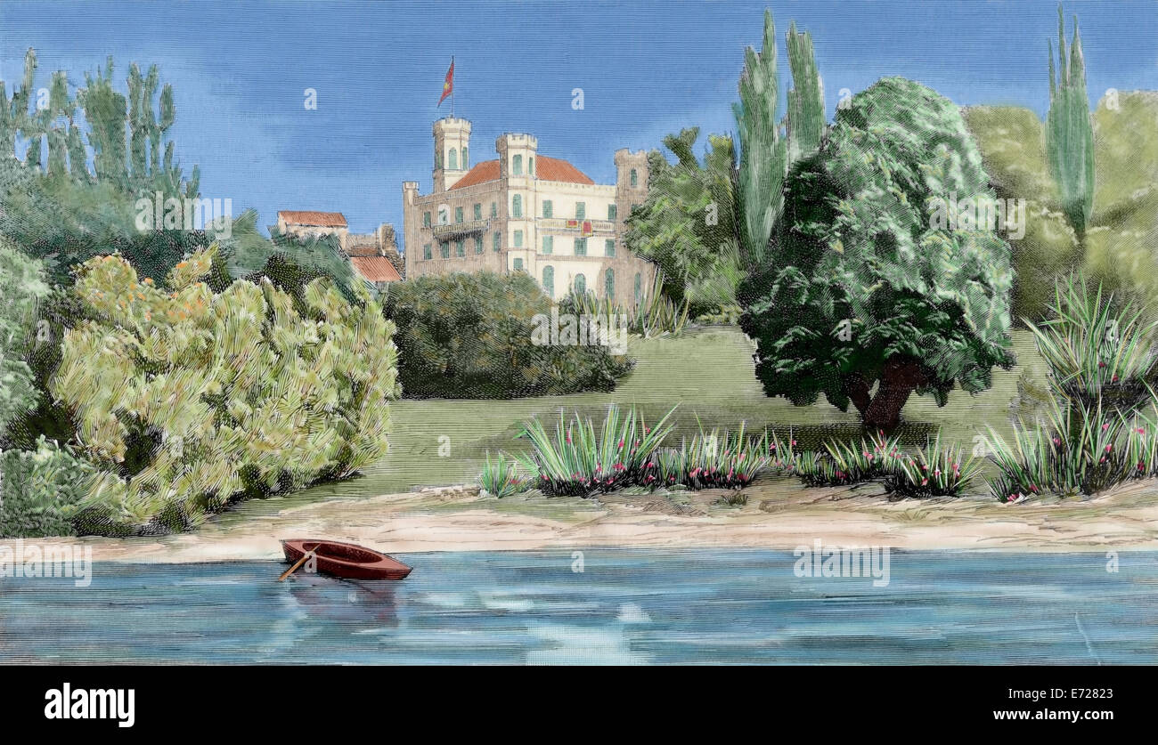 Ludwig II von Bayern (1845-1886). König von Bayern. Burg und Starnberger See. Gravur. Farbige. Stockfoto