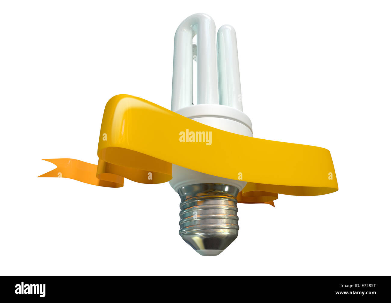 Eine regelmäßige Leuchtstoff Glühlampe mit glänzenden gelben Banner drauf auf einem isolierten weißen Hintergrund Stockfoto