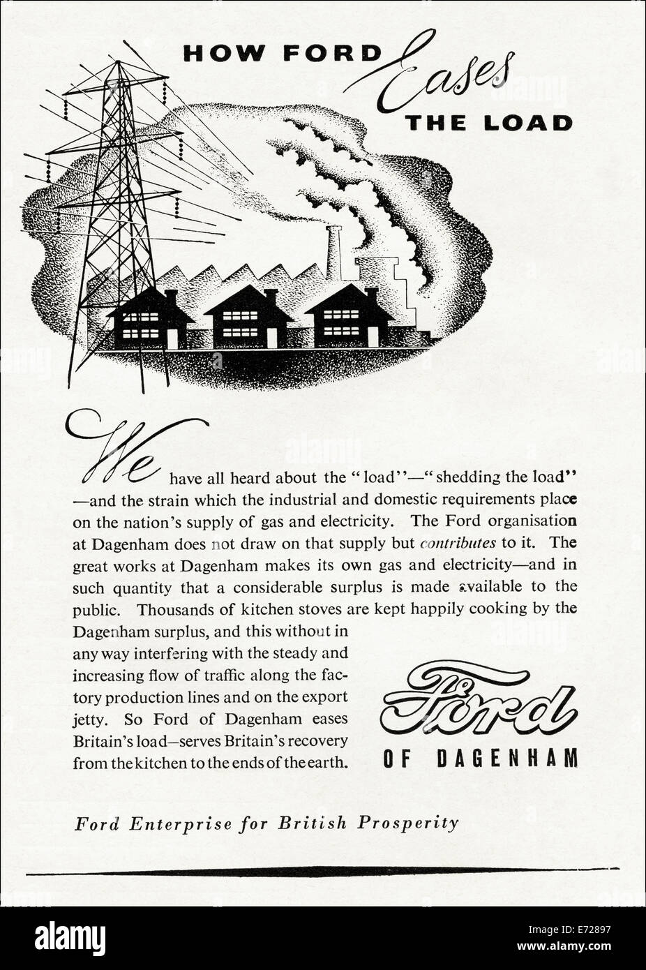 1940er Jahren Werbung für FORD von DAGENHAM Versorgung mit Gas & Strom im englischen Magazin vom November 1949 Stockfoto