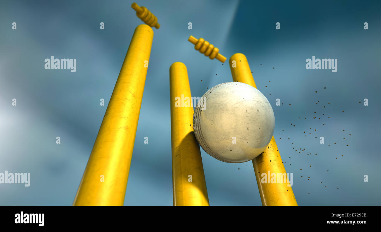 Ein weißes Leder Cricketball schlagen Holz Cricket Wickets auf Nacht Himmelshintergrund Stockfoto