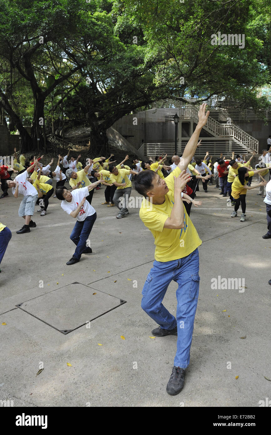 Mann und üben Qigong-Gruppe. Kowloon Park, Tsim Sha Tsui, Kowloon, Hong Kong, China Stockfoto