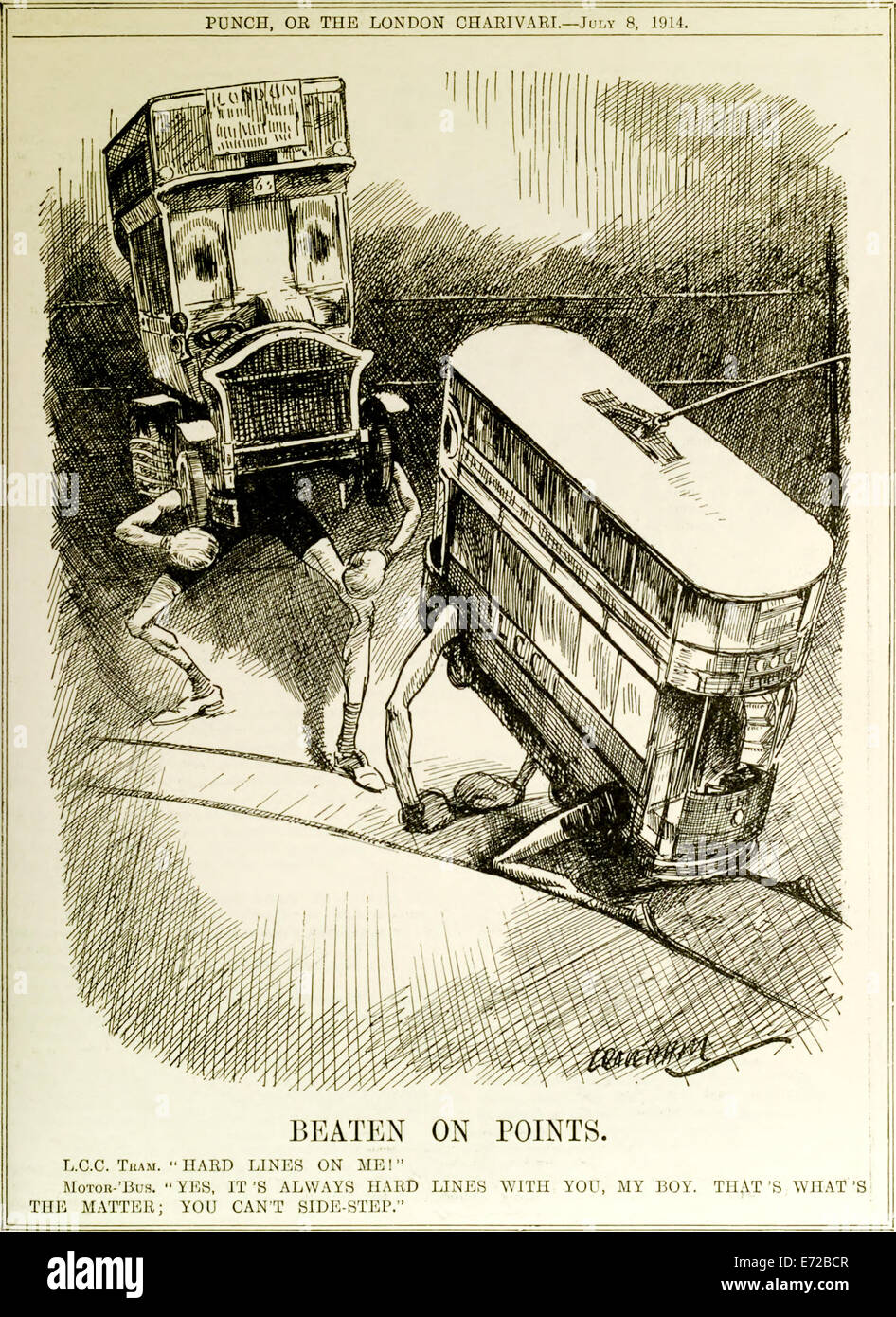 'Nach Punkten geschlagen' Punch Cartoon Magazin September 1914, Vorteil des Busses gegenüber Straßenbahn. Siehe Beschreibung für mehr Informationen. Stockfoto