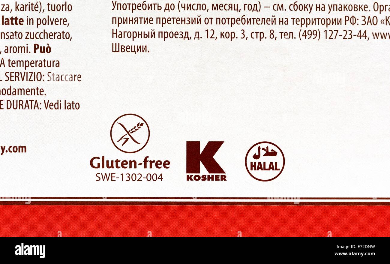 Gluten freie koscher und Halal gedruckt auf der Rückseite des Produkt bei einem Einzelhändler Stockfoto