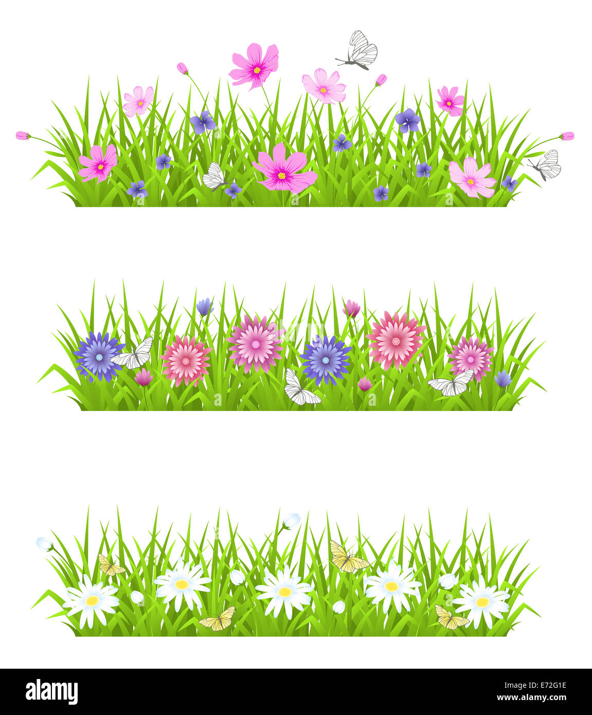 Grüner Hintergrund mit Rasen und Blumen Stockfoto