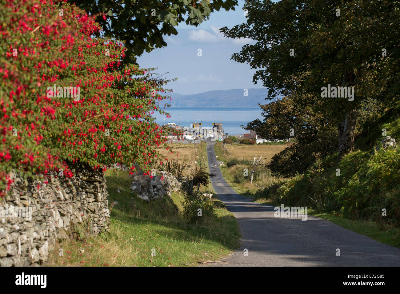 Die Straße hinunter zum Pier auf Scalasaig auf der Insel Colonsay in den Inneren Hebriden, Schottland. Stockfoto