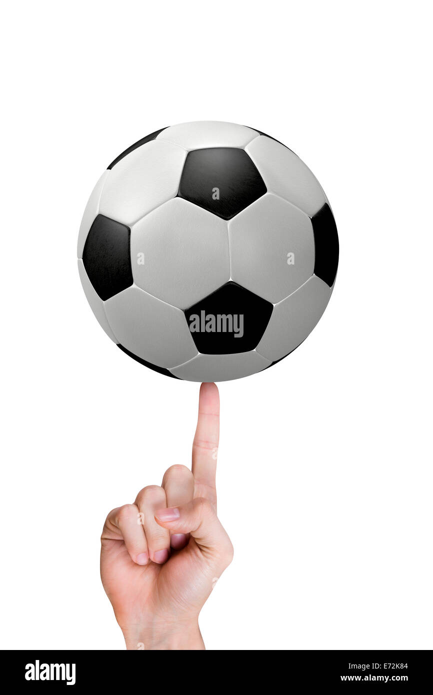 Zeigefinger der Hand mit dem Fußball. Stockfoto
