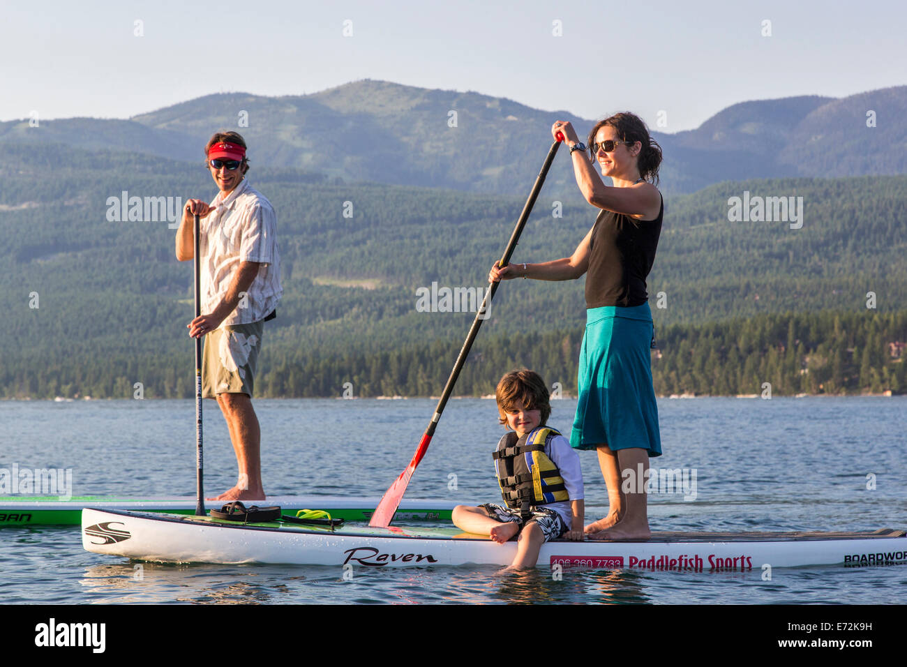 Familie mit standup Paddle Boards am Whitefish Lake State Park, Montana, USA (MR). Stockfoto