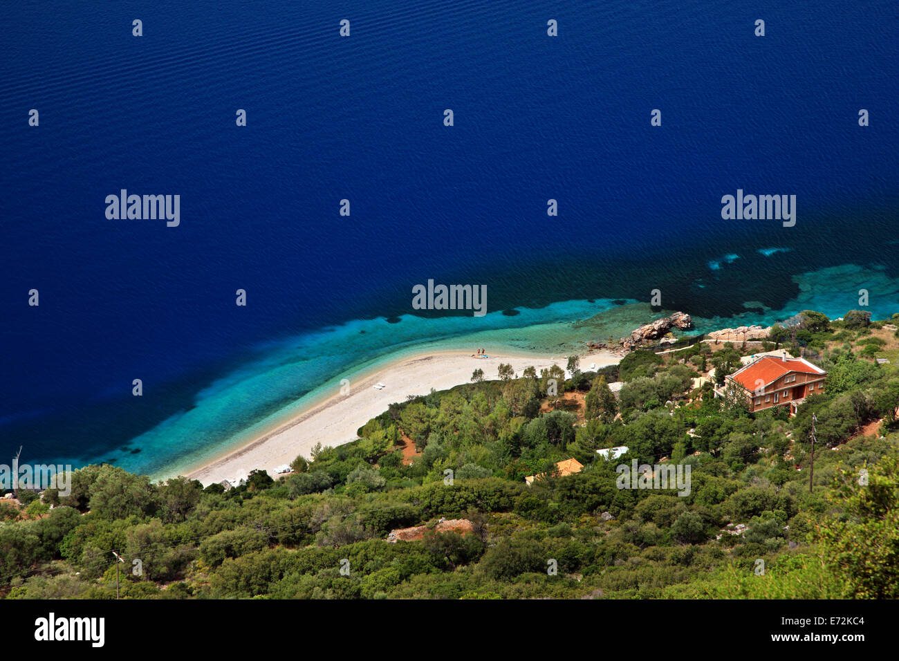 Agios Ioannis ("Johannes") Strand, Insel Ithaka, Ionisches Meer, Nordteil ("sieben Inseln"), Griechenland. Stockfoto