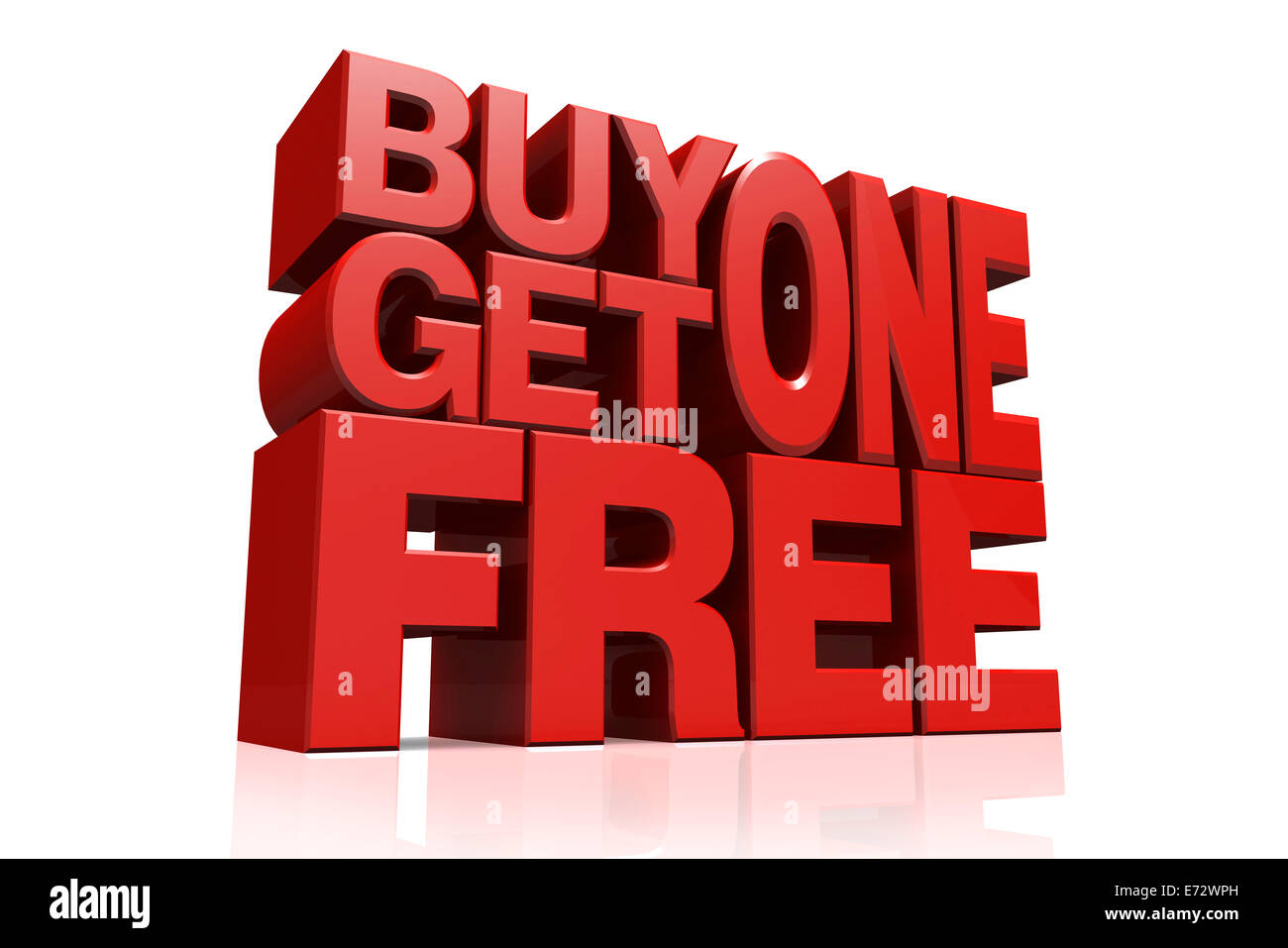 Roten 3D-Text kaufen 1 erhalten Sie 1 gratis auf weißem Hintergrund mit Reflexion Stockfoto