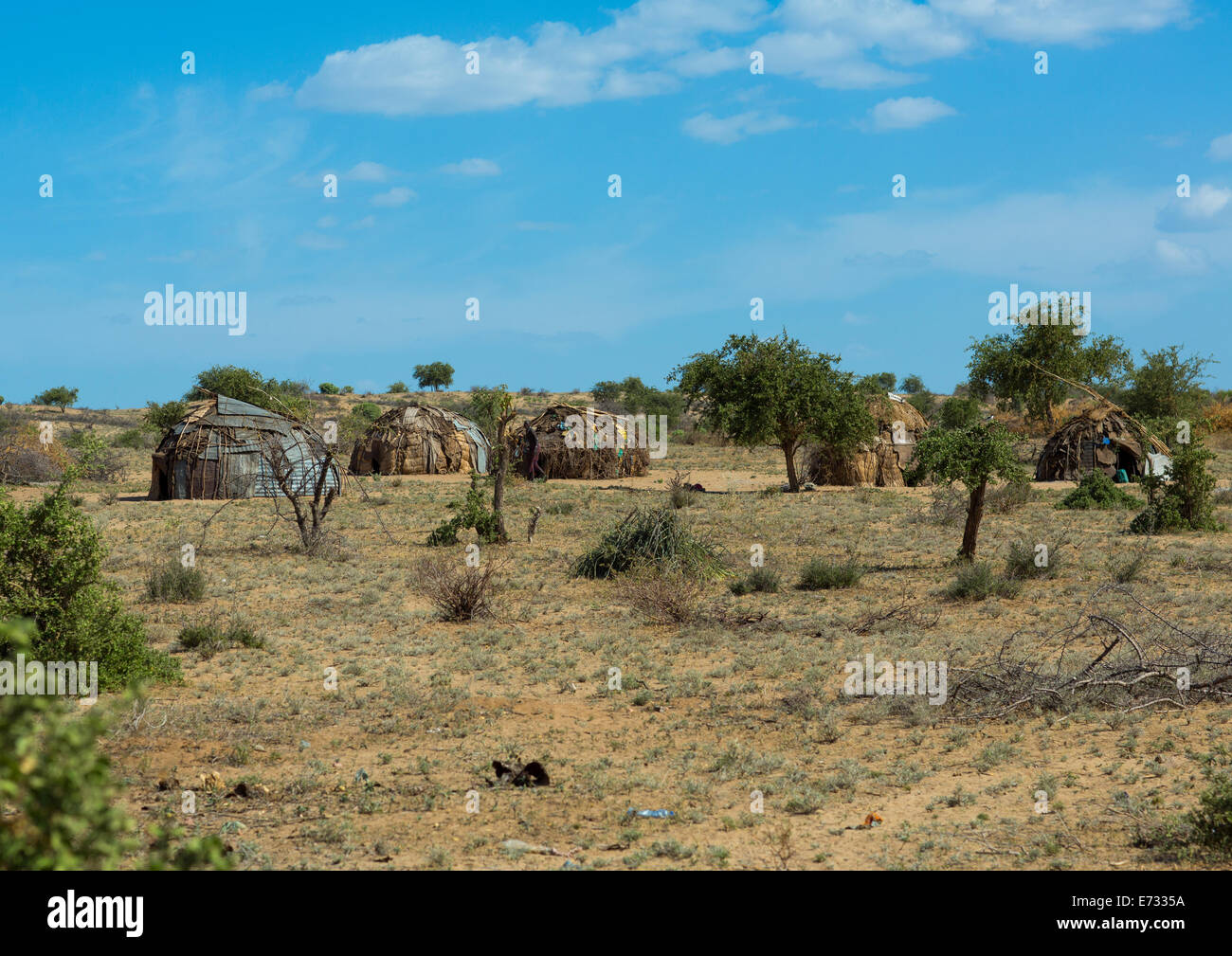 Dassanech Dorf, Lokoro, Omo-Tal, Äthiopien Stockfoto