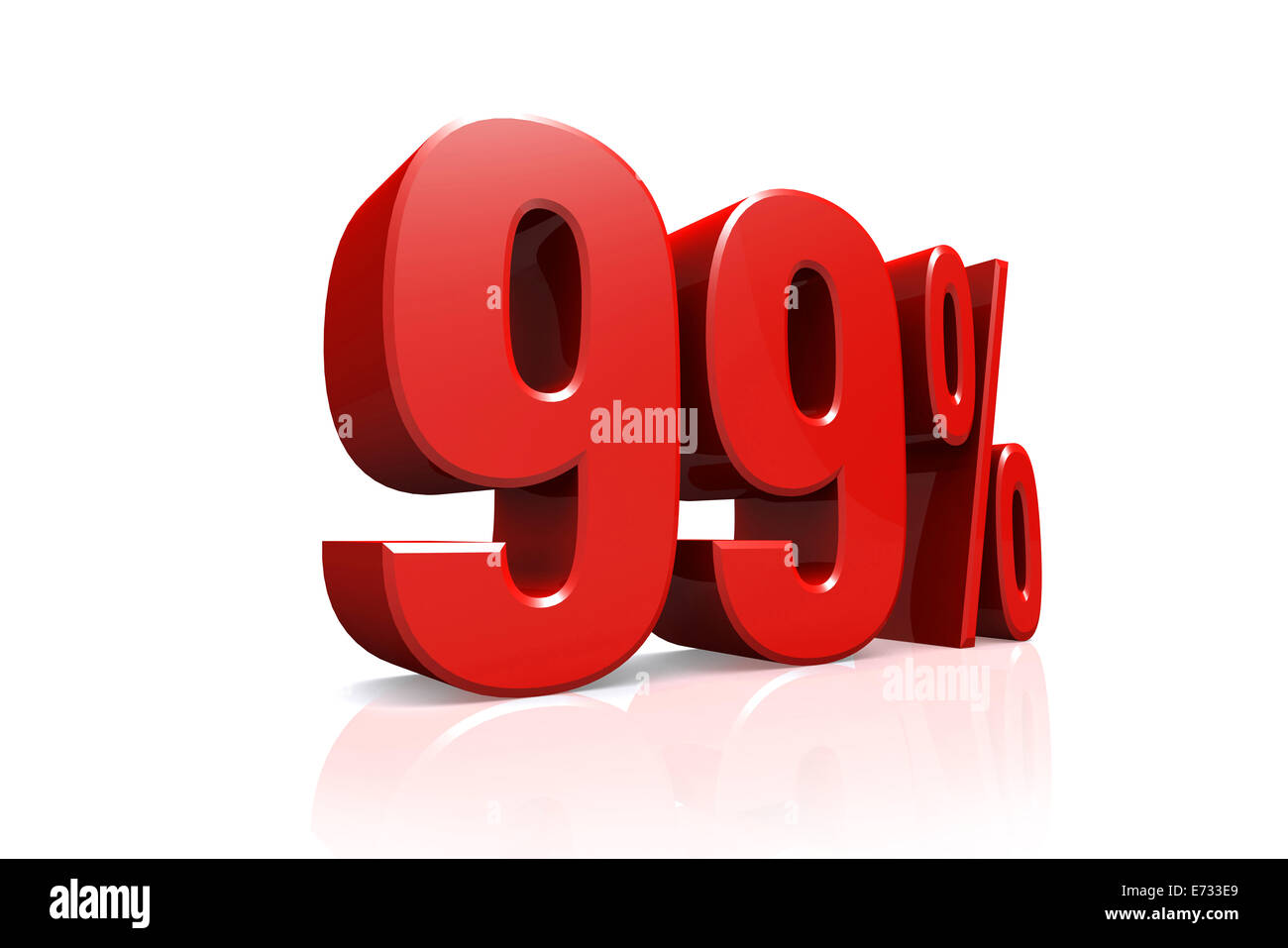 3D-Render Text in 99 Prozent in rot auf weißem Hintergrund mit Reflexion Stockfoto