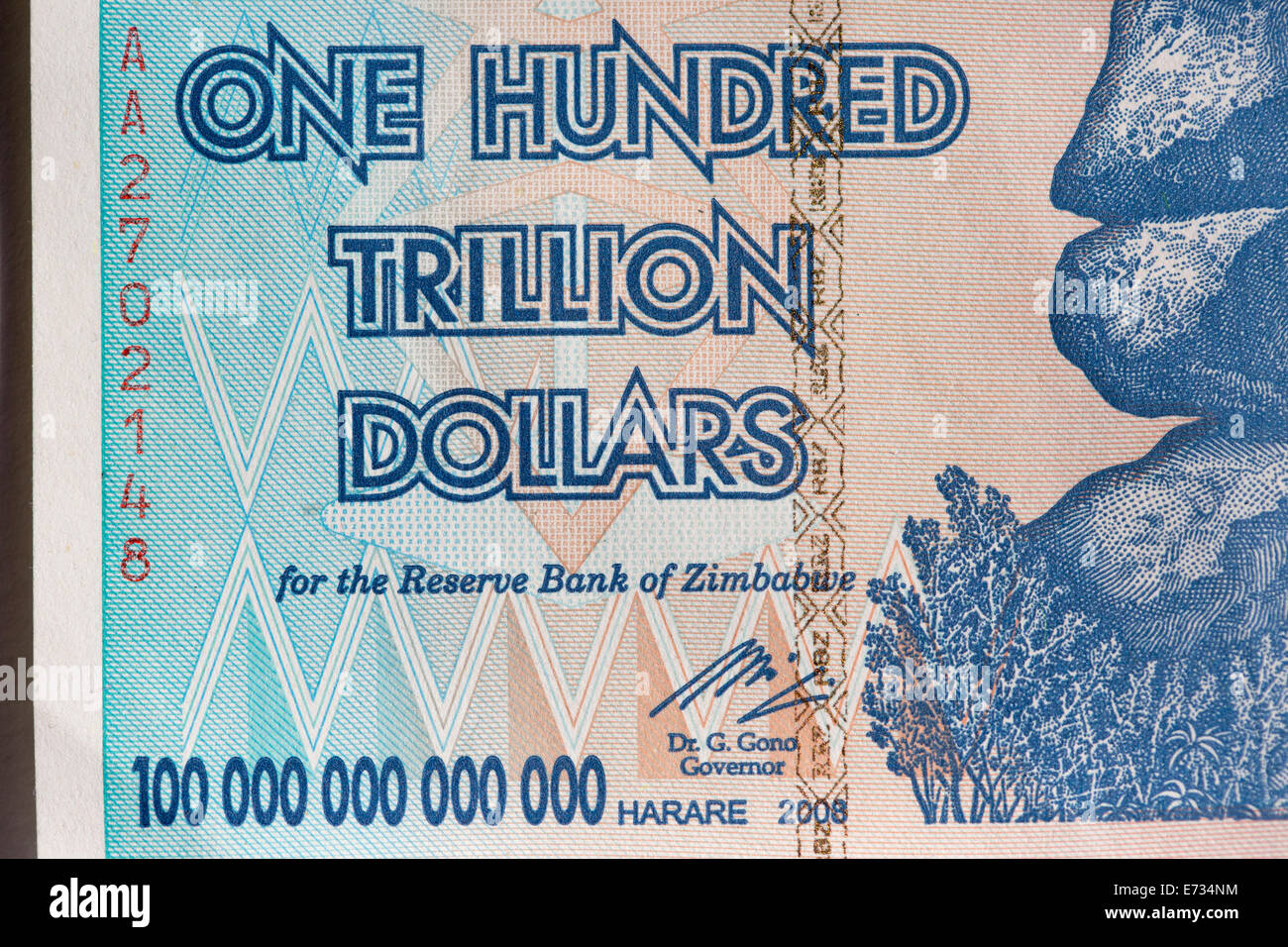 Eine Simbabwe 100 Billionen-Dollar-Rechnung wie im Umlauf im Jahr 2008 während des Zeitraums der hyper-Inflation in Simbabwe war Stockfoto